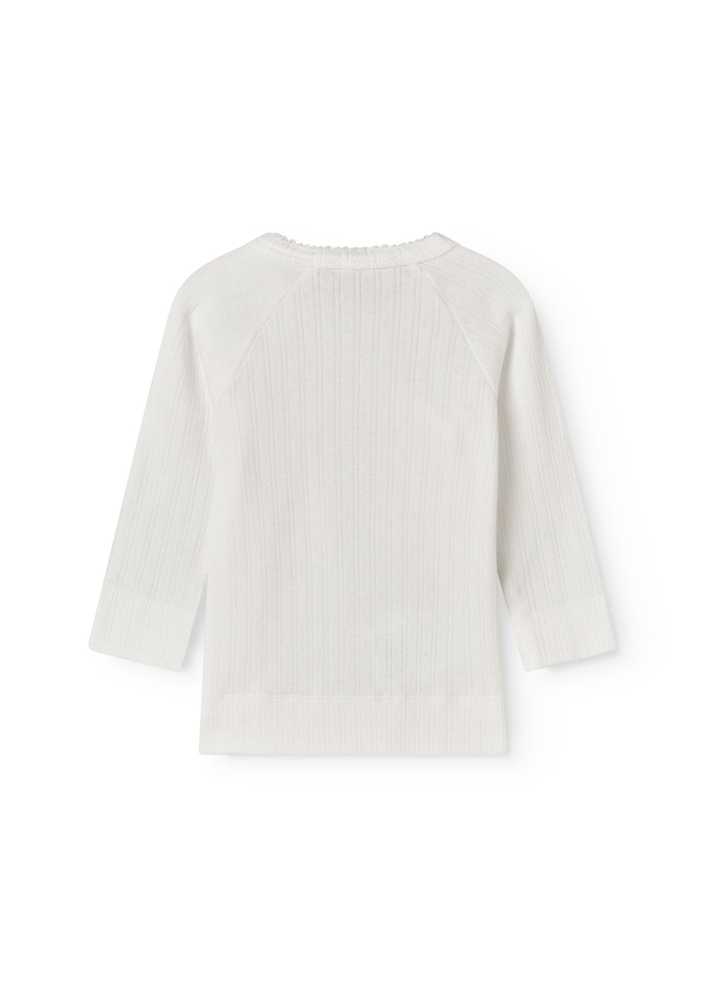 Fleece pointelle blouse for newborns with a wrap-around closure.