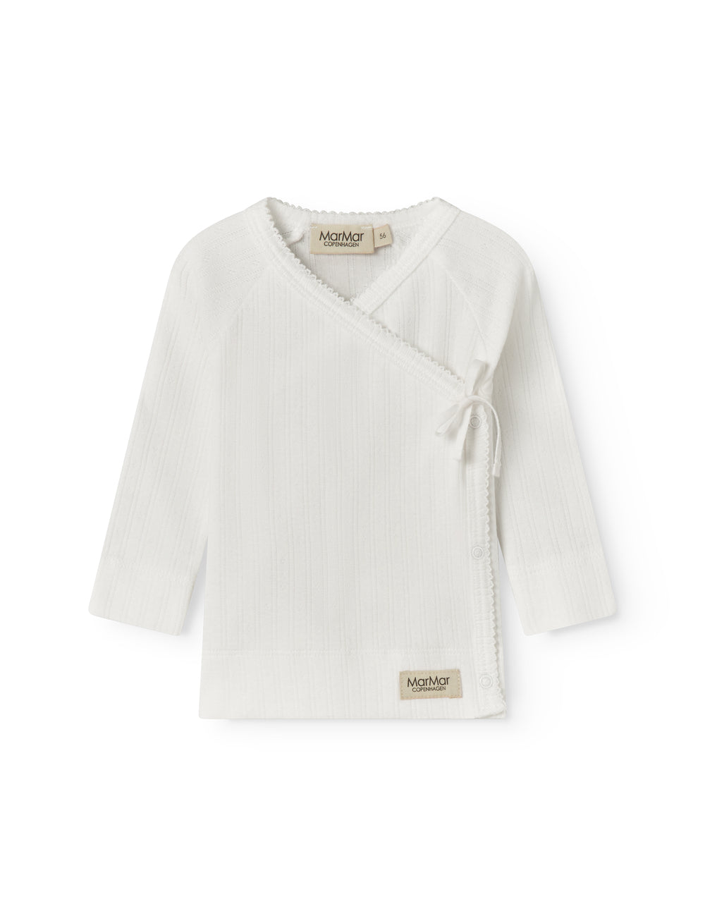 Fleece pointelle blouse for newborns with a wrap-around closure.