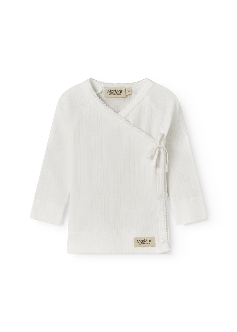 Fleece pointelle blouse for newborns with a wrap-around closure.
