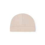 Ribstrikket babyhue i lyserød med ombukket kant