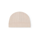 Ribstrikket babyhue i lyserød med ombukket kant