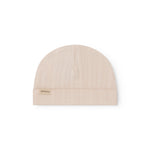 The baby hat in red with a contrasting edge.