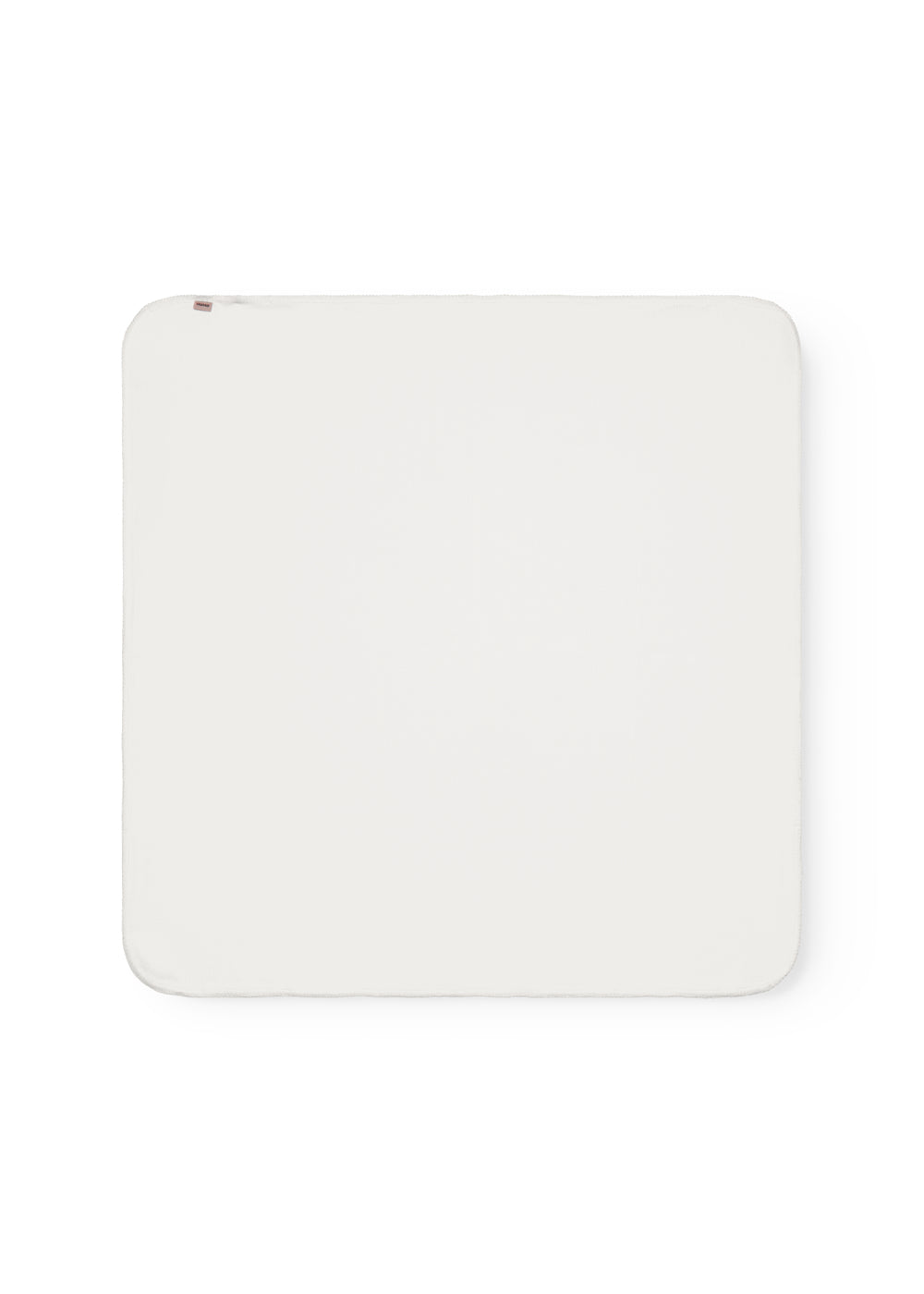 White cotton baby blanket with rounded corners and picot edges.
