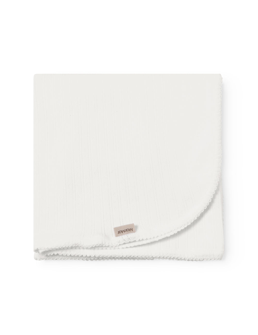 White cotton baby blanket with rounded corners and picot edges.