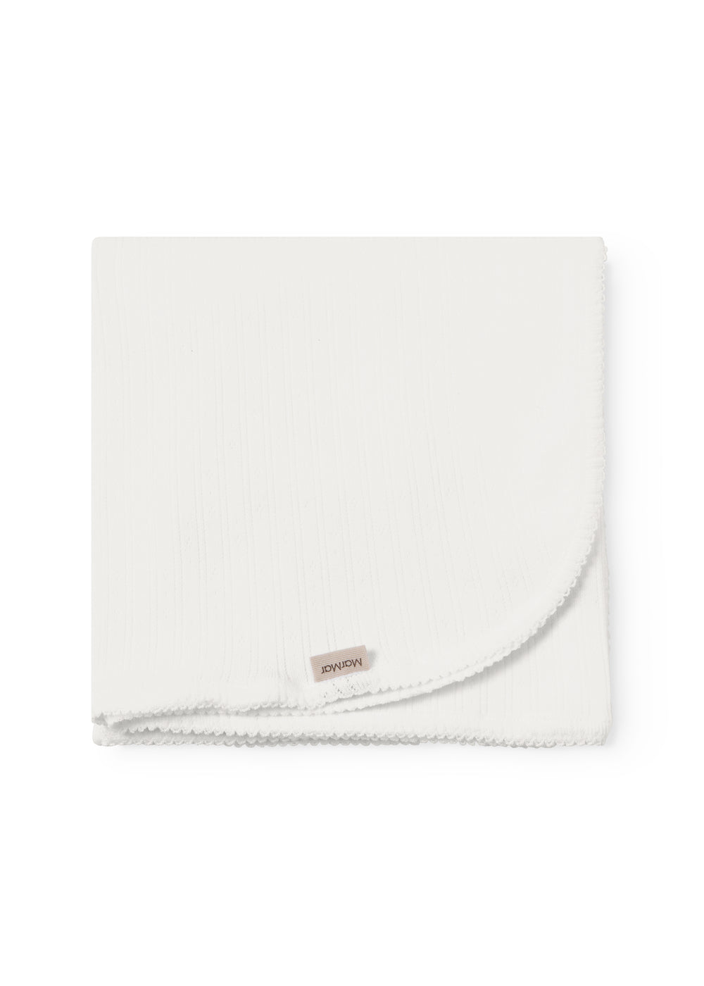 White cotton baby blanket with rounded corners and picot edges.