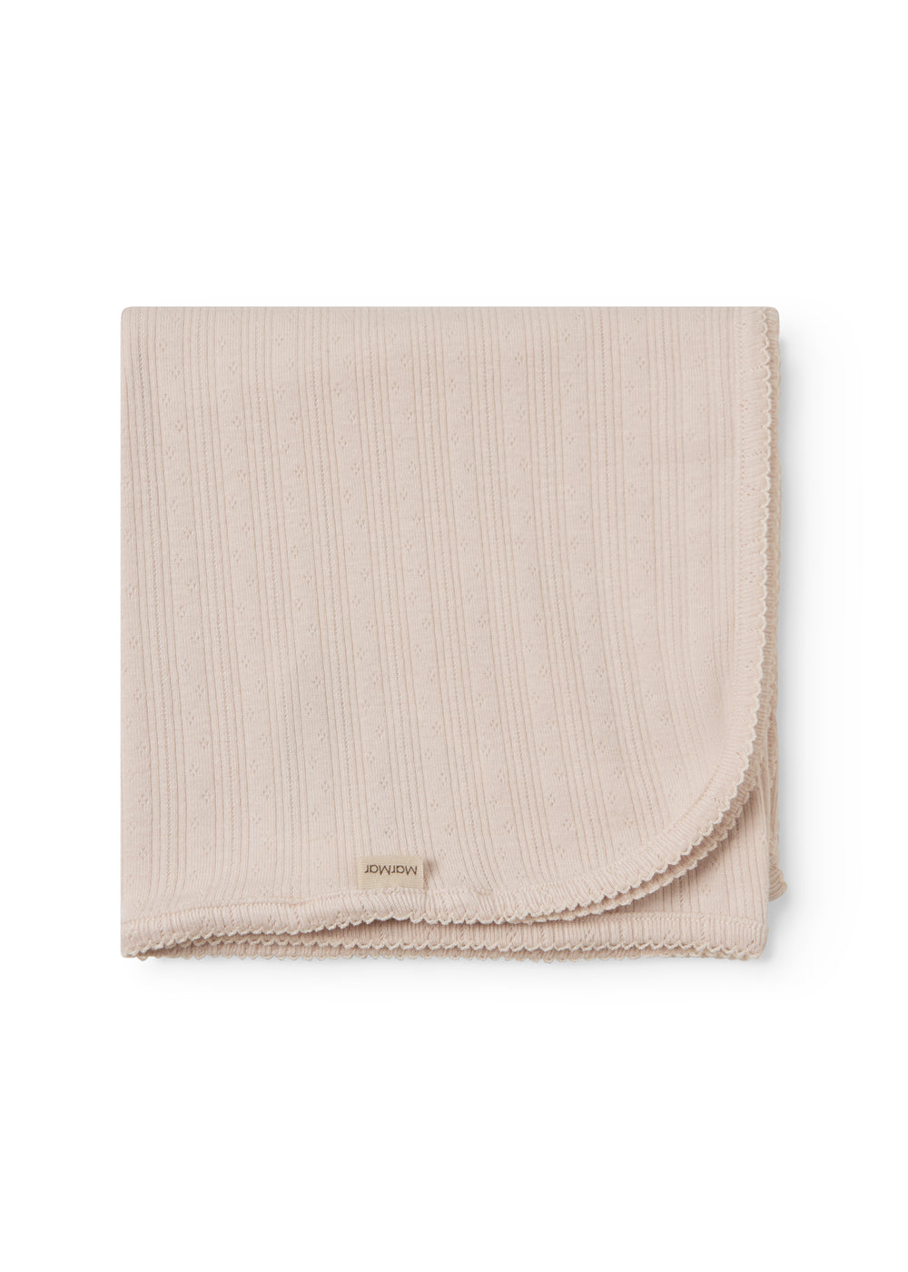 Red polka dot baby blanket with rounded corners and picot edges.