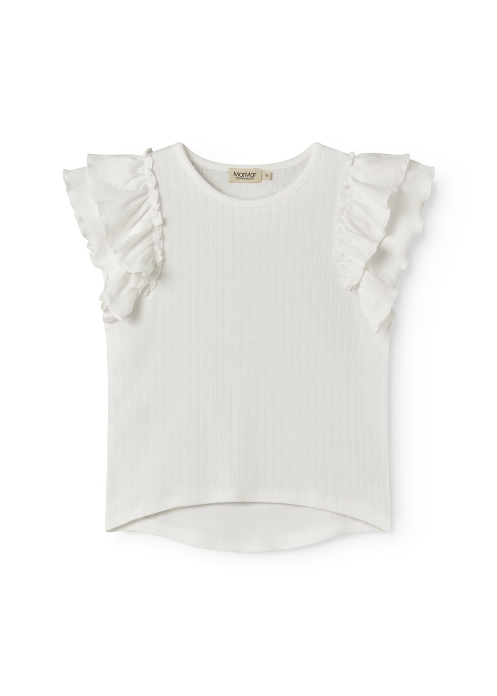 Short-sleeved white polka dot t-shirt for children with cuffs on the sleeves.