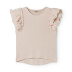 Short-sleeved bright pink polka dot t-shirt for children with cuffs on the sleeves.