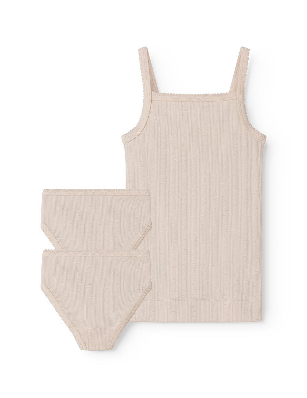 Lyserød undertrøje til børn med pointelle detaljer og tynde stroppe og 2 par underbukser