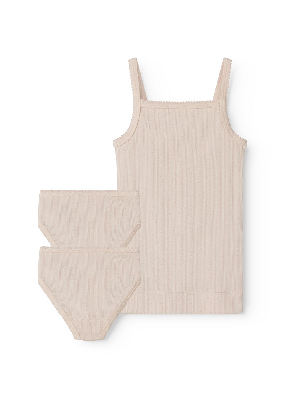 Lyserød undertrøje til børn med pointelle detaljer og tynde stroppe og 2 par underbukser