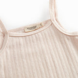 Red undershirt for children with embroidered details and thin straps.