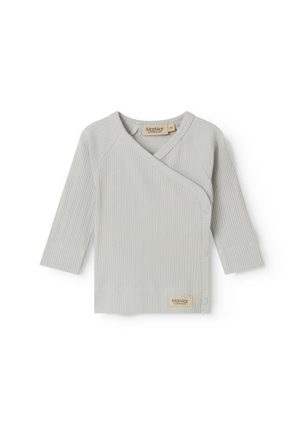 Light green pointelle blouse for newborns with a wrap-around closure.