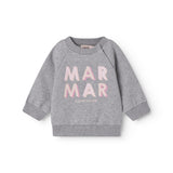 Gray baby sweatshirt with rosa MarMar logo.