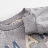 Gray baby sweatshirt for baby with blue and pink MarMar logo.