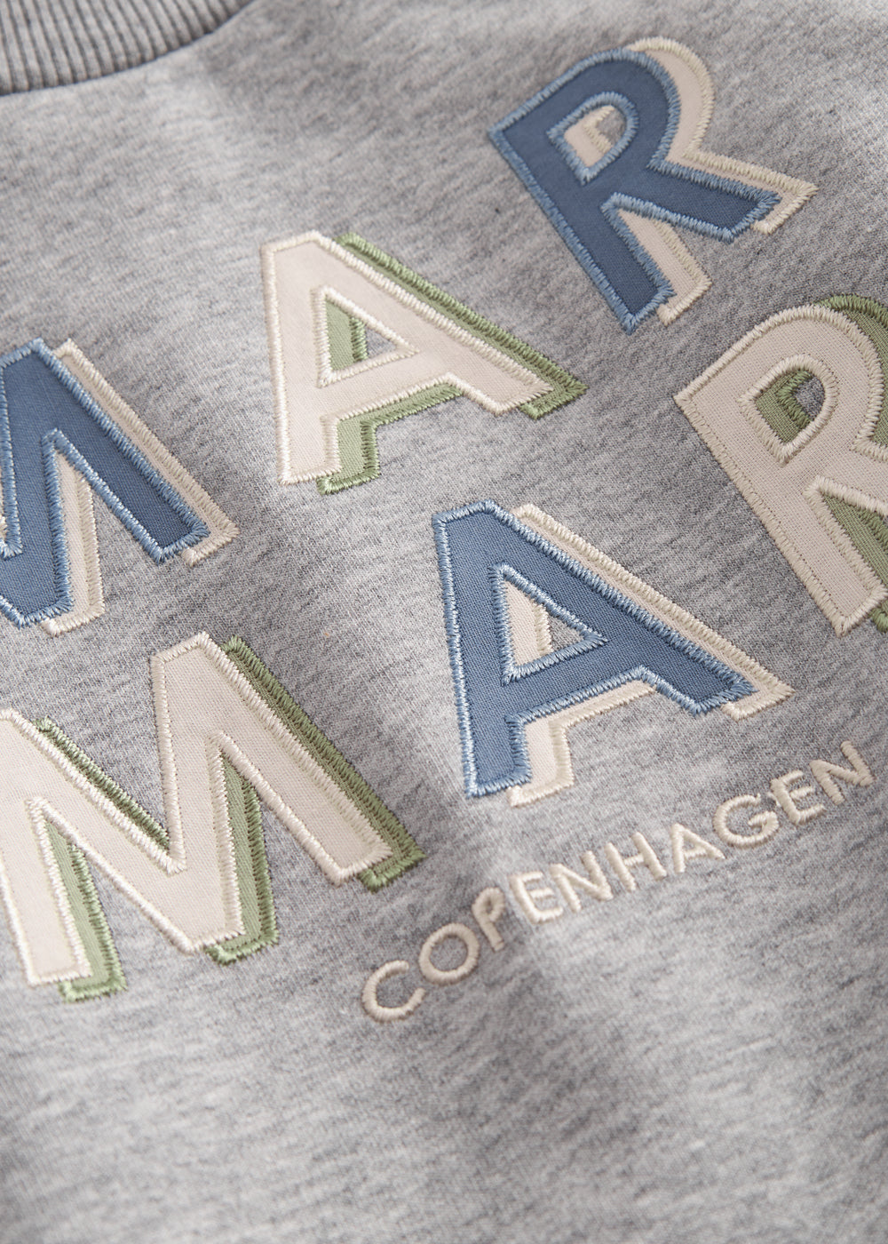 Gray baby sweatshirt for baby with blue and pink MarMar logo.
