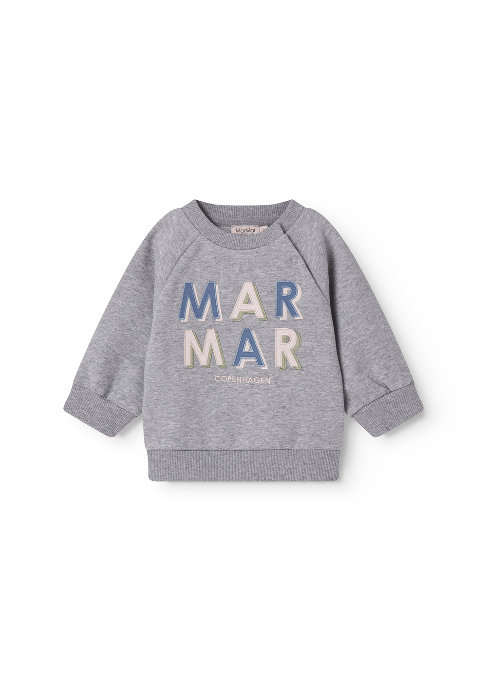 Gray baby sweatshirt for baby with blue and pink MarMar logo.