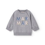 Gray baby sweatshirt for baby with blue and pink MarMar logo.