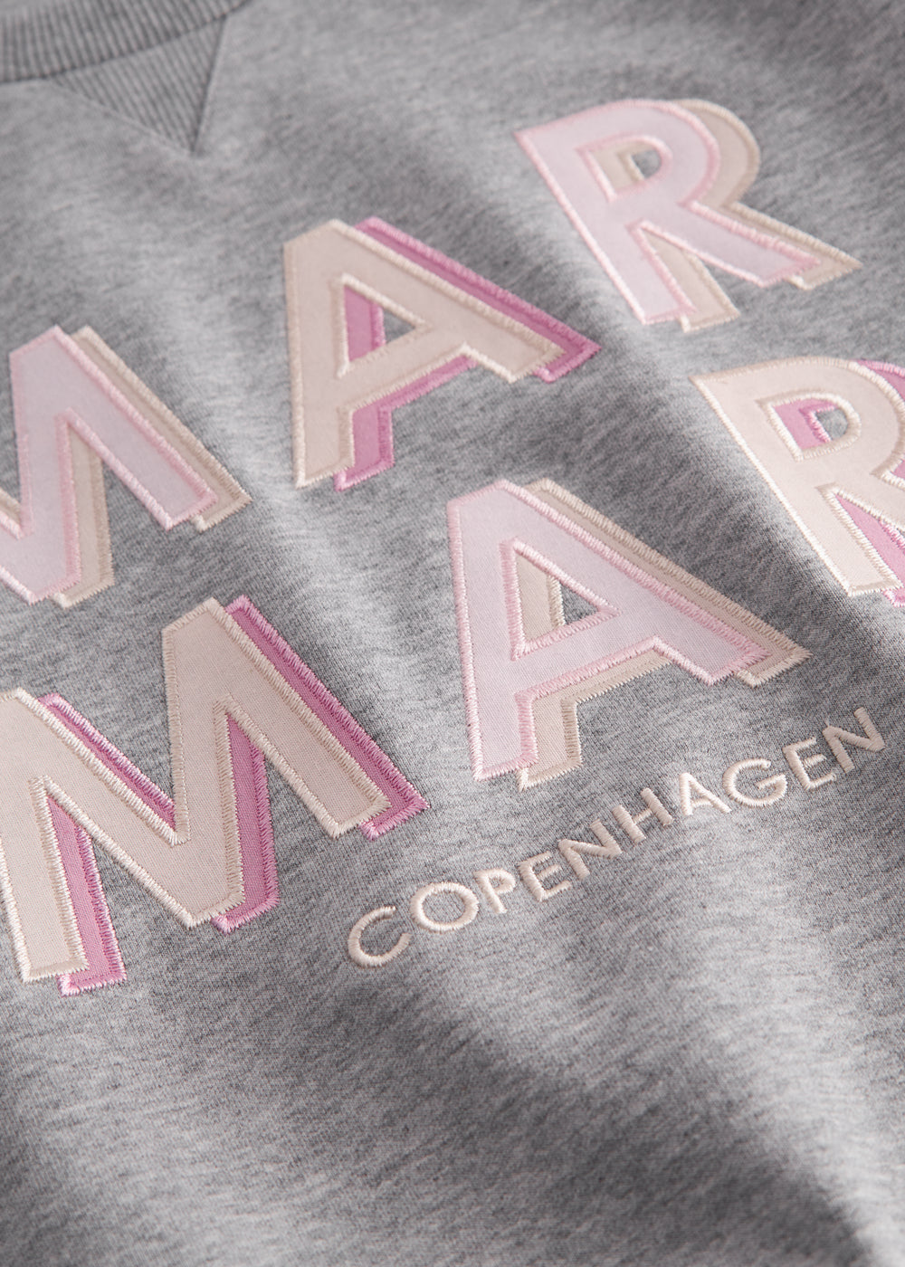Gray sweatshirt for children with pink MarMar logo in blue and pink.