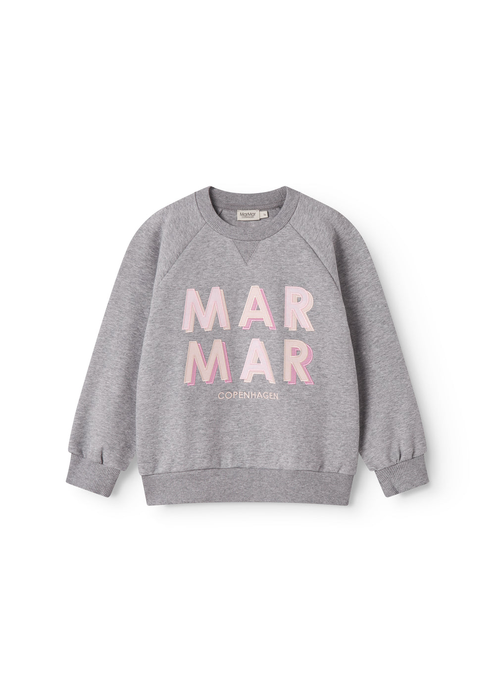 Gray sweatshirt for children with pink MarMar logo in blue and pink.