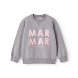 Gray sweatshirt for children with pink MarMar logo in blue and pink.