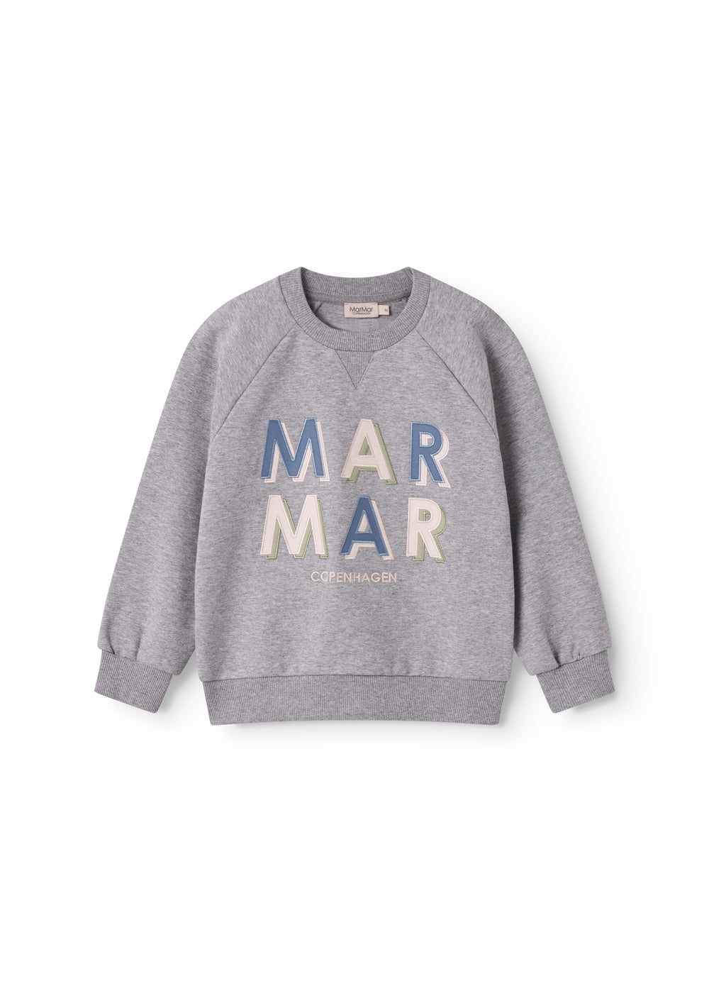 Gray sweatshirt for children with MarMar logo in blue and pink.