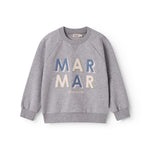 Gray sweatshirt for children with MarMar logo in blue and pink.