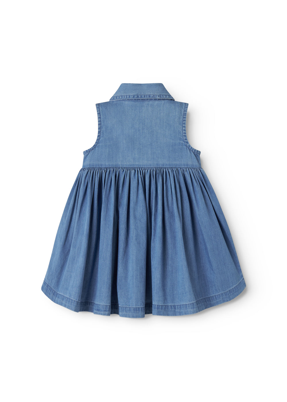 Blå baby denimkjole uden ærmer med krave, knapper og lommer