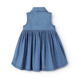 Blå baby denimkjole uden ærmer med krave, knapper og lommer