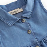 Blue baby denim dress without sleeves with collar, buttons, and pockets.