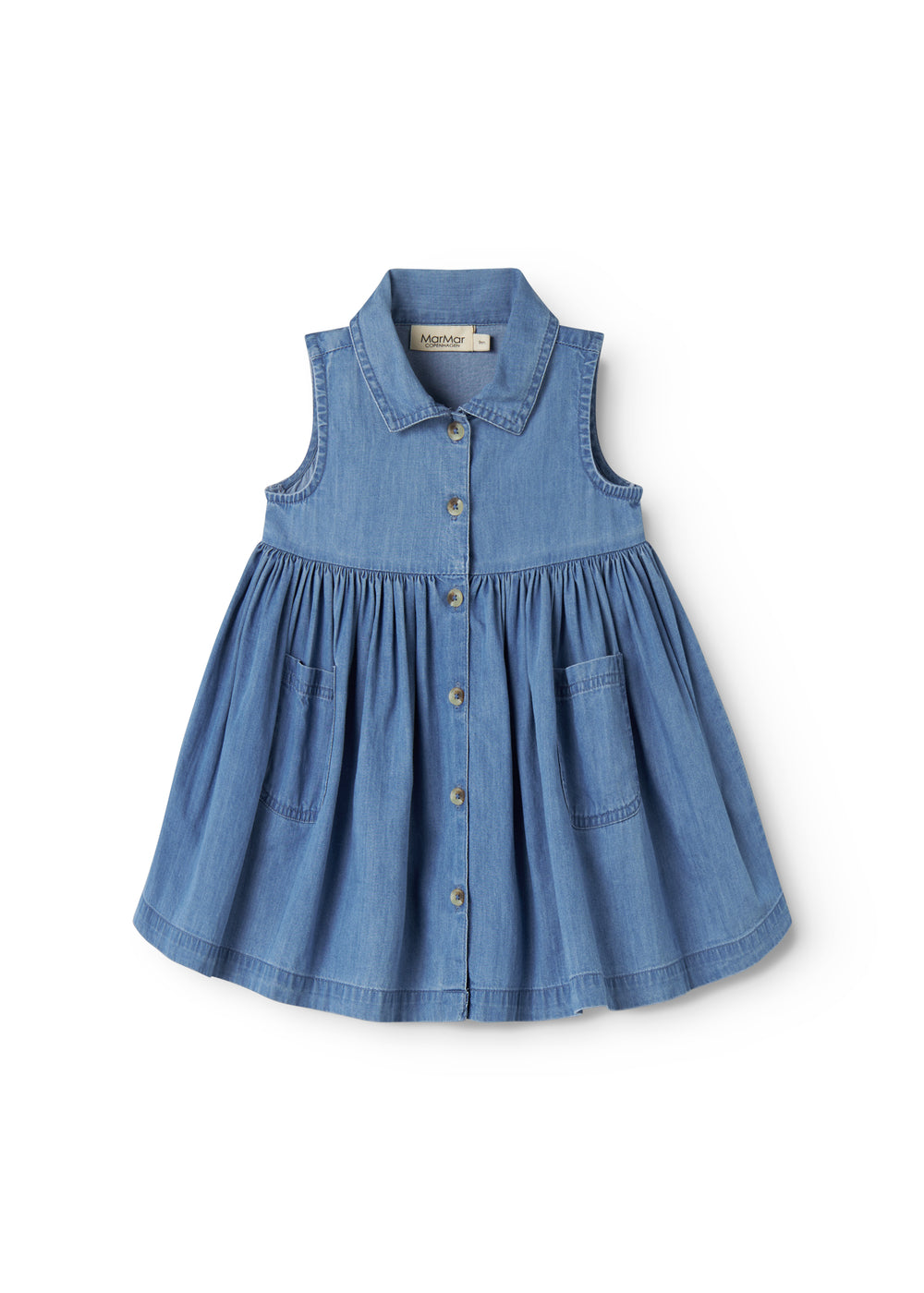 Blue baby denim dress without sleeves with collar, buttons, and pockets.