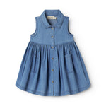 Blue baby denim dress without sleeves with collar, buttons, and pockets.