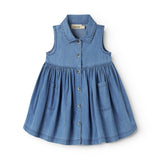Blue baby denim dress without sleeves with collar, buttons, and pockets.