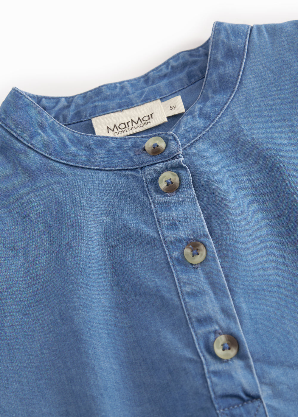 Denim shirt for children with a crew neck and button-up.