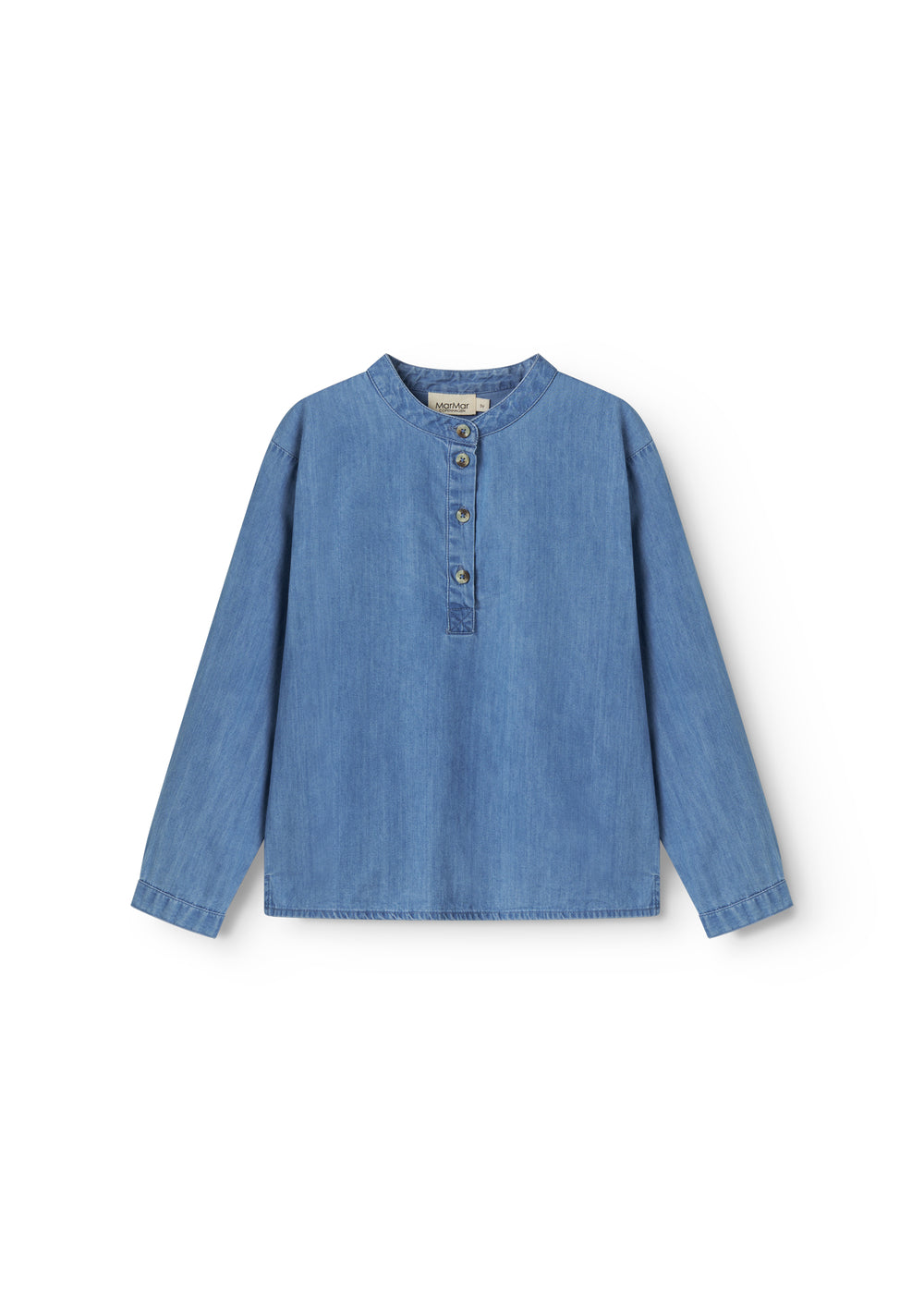 Denim shirt for children with a crew neck and button-up.
