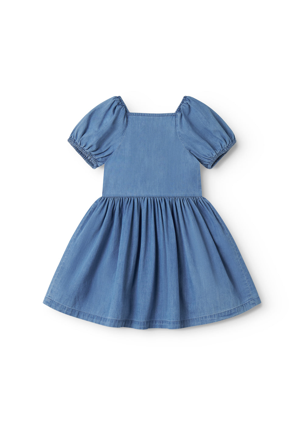 Blå børnekjole med pufærmer, lommer og knaplukning