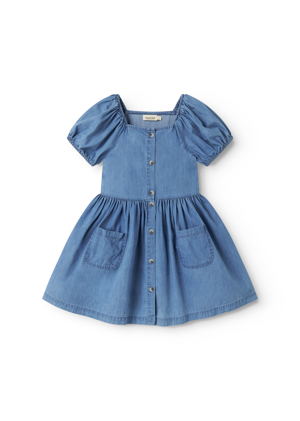 Blue children's dress with puff sleeves, pockets, and a button closure.