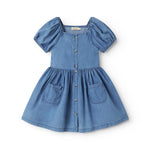 Blue children's dress with puff sleeves, pockets, and a button closure.