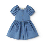 Blue children's dress with puff sleeves, pockets, and a button closure.