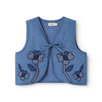 Blue denim vest for children with embroidered flowers.
