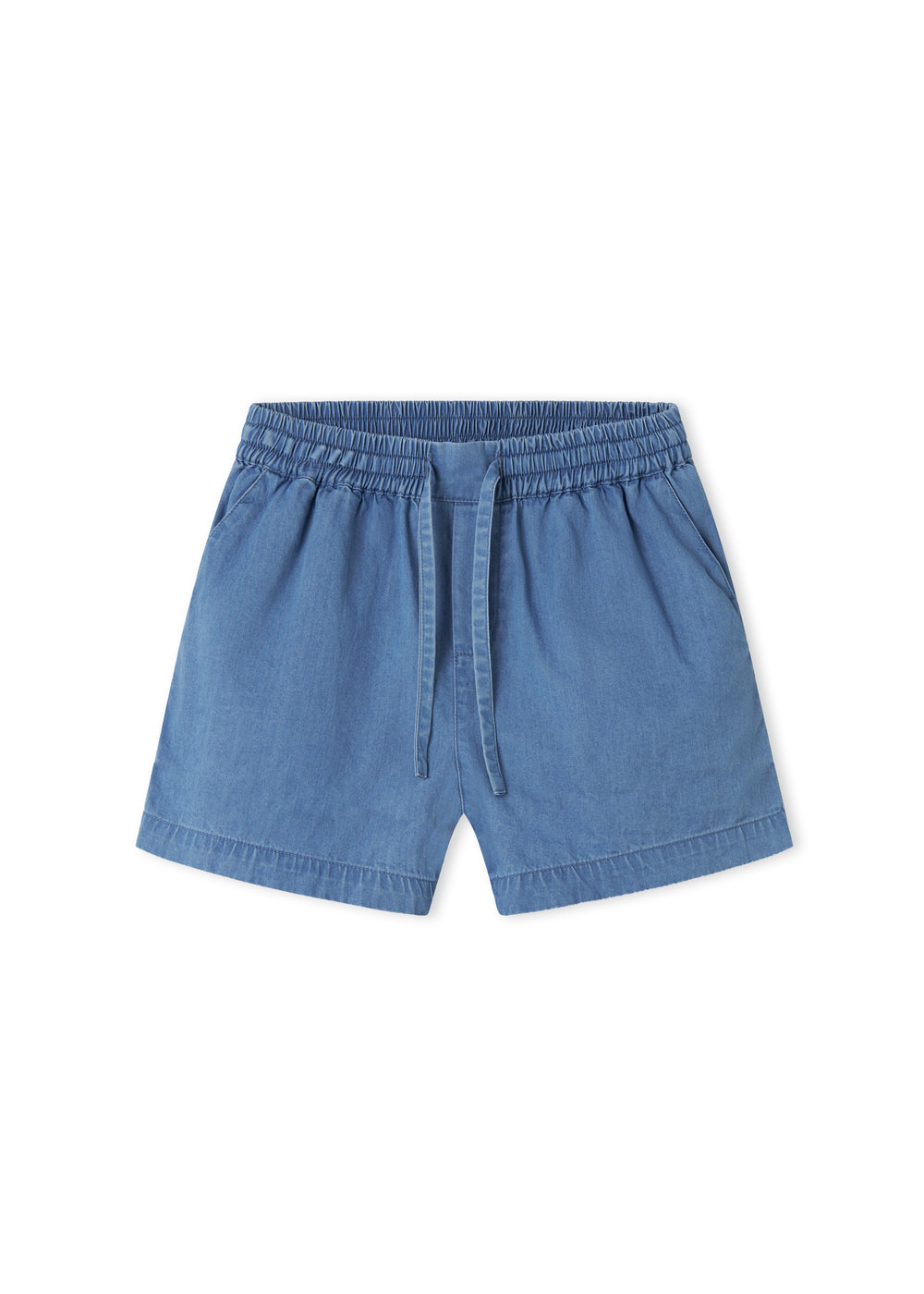 Denim shorts for children with side pockets and elastic in the waist with a tie.