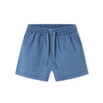 Denim shorts for children with side pockets and elastic in the waist with a tie.