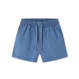 Denim shorts for children with side pockets and elastic in the waist with a tie.