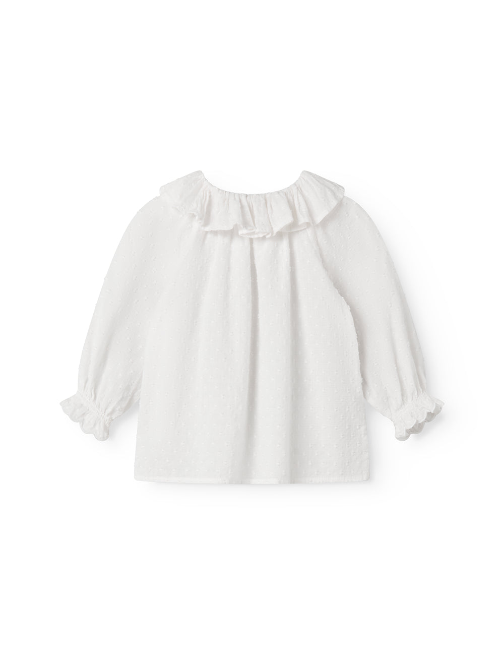 Langærmet hvid bluse til baby med broderimønster og krave