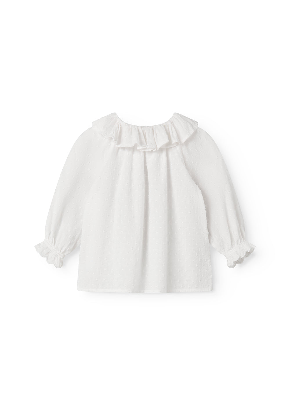 Langærmet hvid bluse til baby med broderimønster og krave