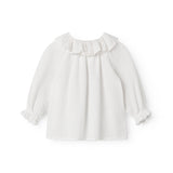 Langærmet hvid bluse til baby med broderimønster og krave