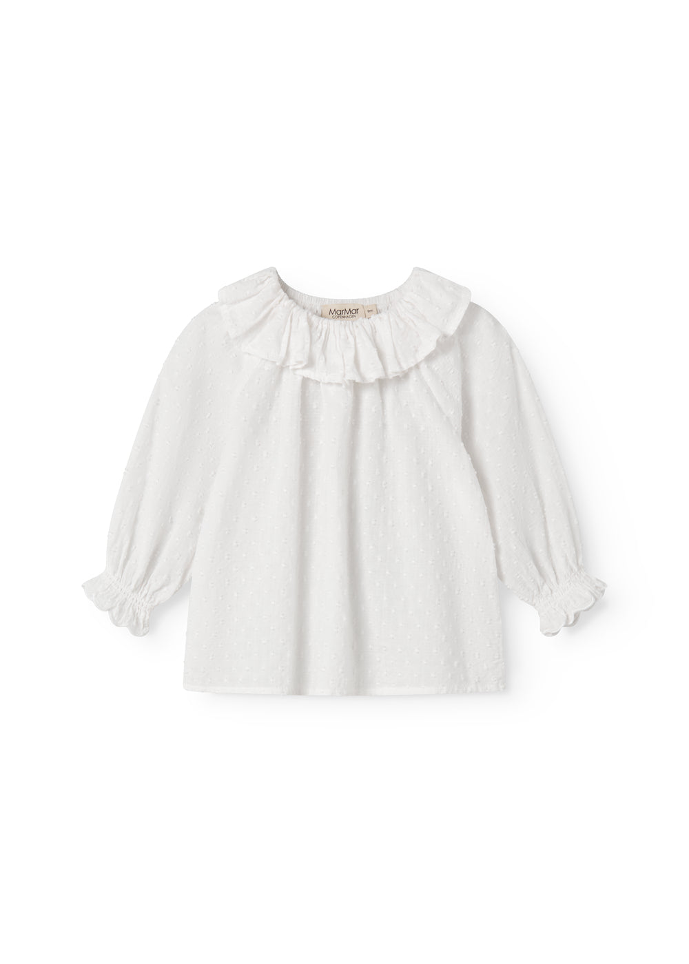 White baby bodysuit with a patterned design and collar