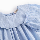 Light blue baby bodystocking with a delicate ruffled collar