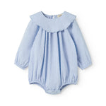 Light blue baby bodystocking with a delicate ruffled collar