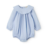 Light blue baby bodystocking with a delicate ruffled collar