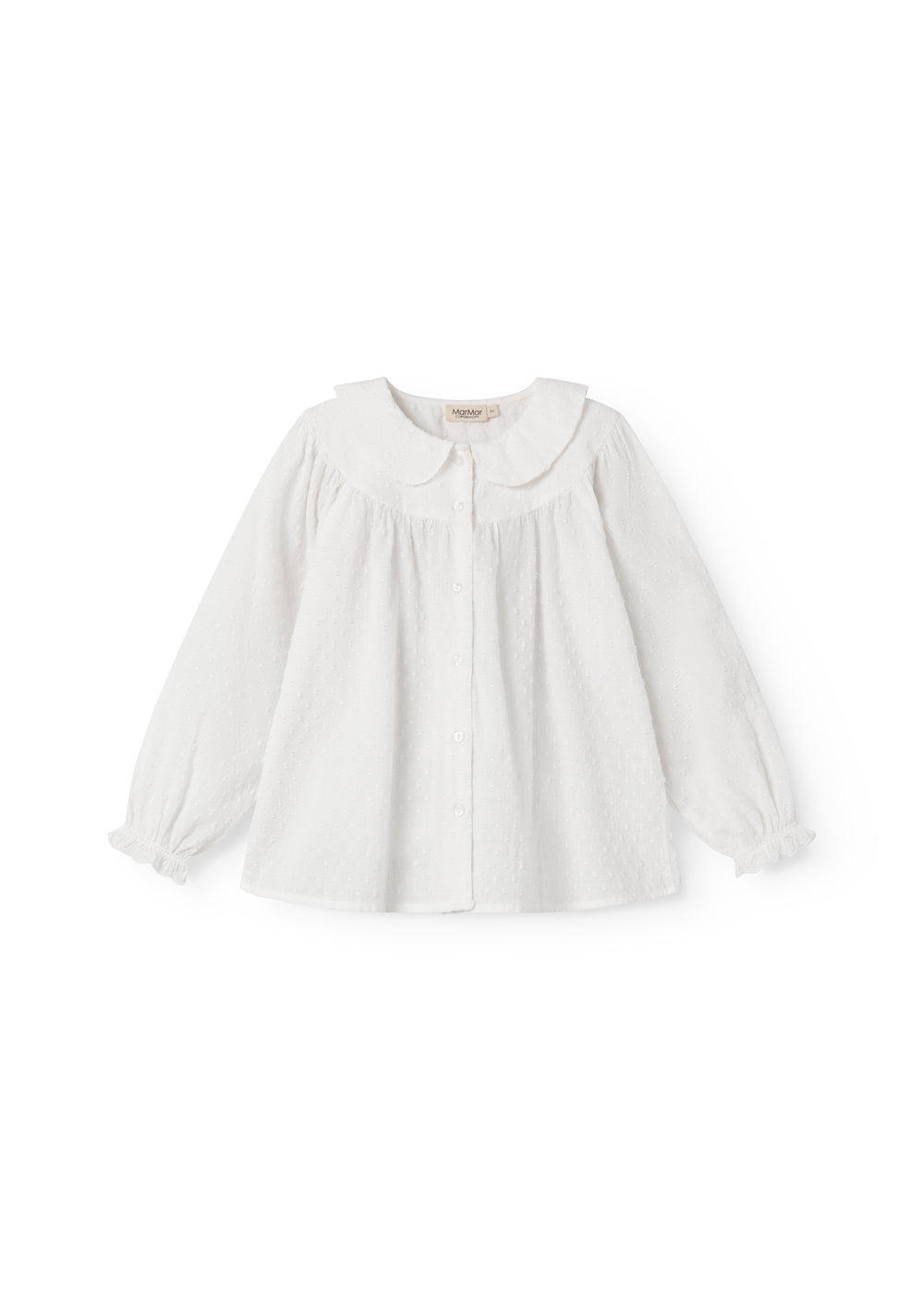 White long-sleeved shirt for children with embroidery pattern and collar